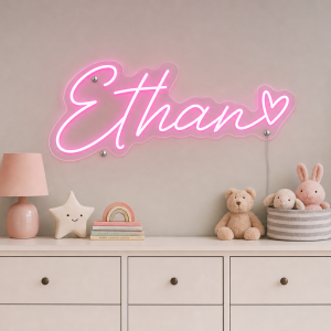 Ethan Name LED Neon Sign - hot pink cursive script with heart on contour cut acrylic