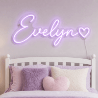 Evelyn Name LED Neon Sign - warm purple cursive script with heart on contour cut acrylic