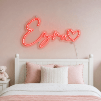 Ezra Name LED Neon Sign - vivid red cursive script with heart on contour cut acrylic