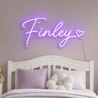 Finley Name LED Neon Sign - electric purple cursive script with heart on contour cut acrylic