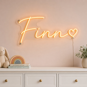Finn Name LED Neon Sign - warm orange cursive script with heart on contour cut acrylic