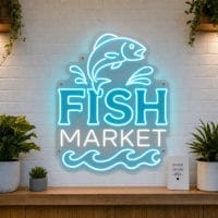 Fish Market LED neon sign with jumping fish and fishing hook icons on clear acrylic backing