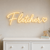 Fletcher Name LED Neon Sign - warm golden yellow cursive script with heart on contour cut acrylic
