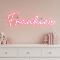 Frankie Name LED Neon Sign - hot pink cursive script with heart on contour cut acrylic