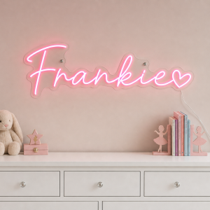 Frankie Name LED Neon Sign - hot pink cursive script with heart on contour cut acrylic