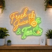 Fresh Juice and Tea LED neon sign with juice glass and teacup icons on clear acrylic backing