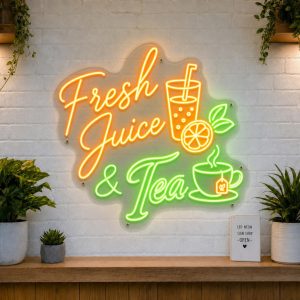 fresh-juice-tea-led-neon-sign Fresh Juice and Tea LED neon sign with juice glass and teacup icons on clear acrylic backing