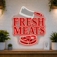 Fresh Meats LED neon sign with prime cut steak and cleaver icons on clear acrylic backing