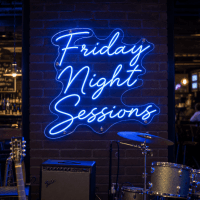 Friday Night Sessions LED neon sign in a bar setting