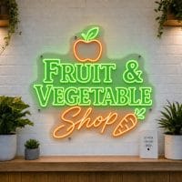 Fruit and Vegetable Shop LED neon sign with fruit and vegetable icons on clear acrylic backing
