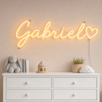 Gabriel Name LED Neon Sign - warm amber cursive script with heart on contour cut acrylic