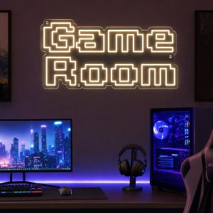 Custom Game Room LED neon sign for gaming setups and man caves. Contour-cut acrylic backing, silver