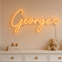 George Name LED Neon Sign - warm orange cursive script with heart on contour cut acrylic