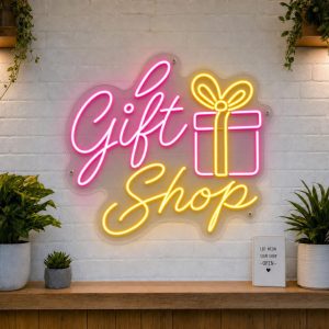 Gift Shop LED neon sign with wrapped gift box and ribbon bow icons on clear acrylic backing