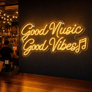 Good Music Good Vibes LED neon sign glowing on wall