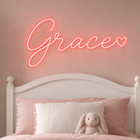 Grace Name LED Neon Sign - vivid red cursive script with heart on contour cut acrylic