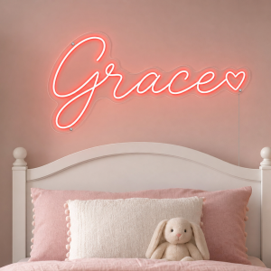 Grace Name LED Neon Sign - vivid red cursive script with heart on contour cut acrylic