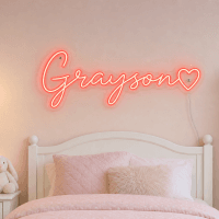 Grayson Name LED Neon Sign - vivid red cursive script with heart on contour cut acrylic