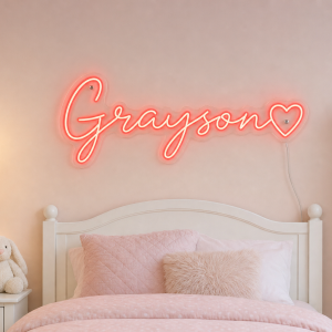 Grayson Name LED Neon Sign - vivid red cursive script with heart on contour cut acrylic