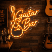 Guitar Bar Neon Sign glowing in a music venue