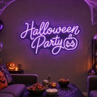 Custom Halloween Party LED neon sign for Halloween celebrations. Contour-cut acrylic backing, silver