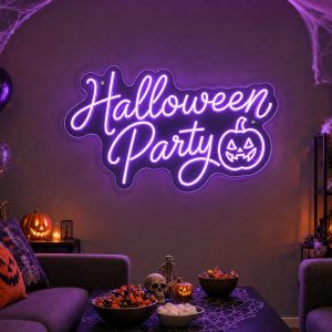Custom Halloween Party LED neon sign for Halloween celebrations. Contour-cut acrylic backing, silver