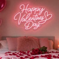 Custom Happy Valentine's Day LED neon sign for romantic celebrations. Contour-cut acrylic backing, s
