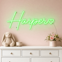 Harper Name LED Neon Sign - vivid green cursive script with heart on contour cut acrylic