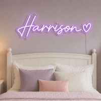 Harrison Name LED Neon Sign - warm purple cursive script with heart on contour cut acrylic