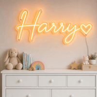 Harry Name LED Neon Sign - warm orange cursive script with heart on contour cut acrylic