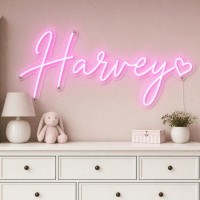 Harvey Name LED Neon Sign - hot pink cursive script with heart on contour cut acrylic