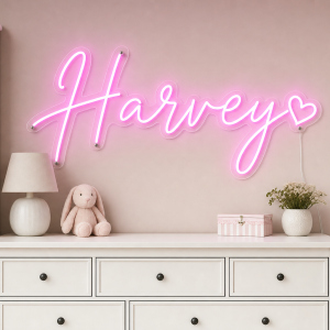 Harvey Name LED Neon Sign - hot pink cursive script with heart on contour cut acrylic