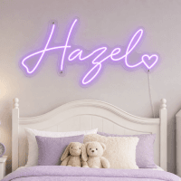 Hazel Name LED Neon Sign - electric purple cursive script with heart on contour cut acrylic