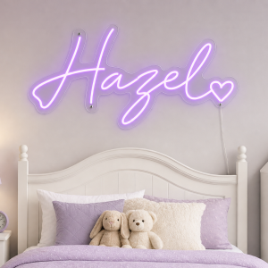 Hazel Name LED Neon Sign - electric purple cursive script with heart on contour cut acrylic