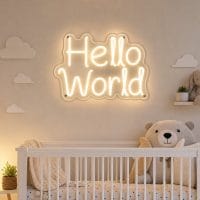 Custom Hello World Baby LED neon sign for nurseries and baby showers. Contour-cut acrylic backing, s
