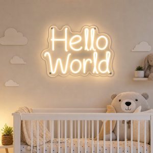 Custom Hello World Baby LED neon sign for nurseries and baby showers. Contour-cut acrylic backing, s