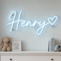 Henry Name LED Neon Sign - ice blue cursive script with heart on contour cut acrylic