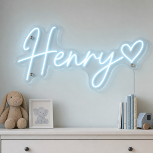Henry Name LED Neon Sign - ice blue cursive script with heart on contour cut acrylic