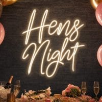 Custom Hens Night LED neon sign for hens parties and bridal showers. Contour-cut acrylic backing, si