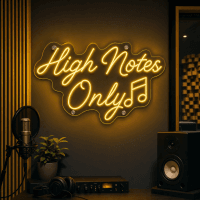 High Notes Only neon sign glowing in a music venue