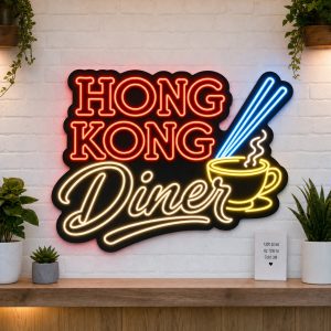 Hong Kong Diner LED neon sign on clear acrylic backing mounted on white brick wall