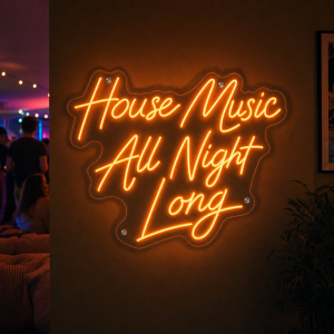 house-music-all-night-long-neon-sign House Music All Night Long LED Neon Sign glowing in a dark room