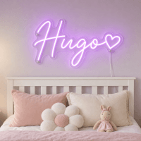 Hugo Name LED Neon Sign - warm purple cursive script with heart on contour cut acrylic