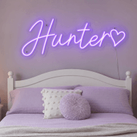 Hunter Name LED Neon Sign - electric purple cursive script with heart on contour cut acrylic