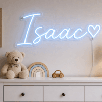 Isaac Name LED Neon Sign - ice blue cursive script with heart on contour cut acrylic