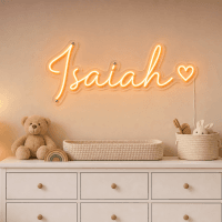 Isaiah Name LED Neon Sign - warm orange cursive script with heart on contour cut acrylic
