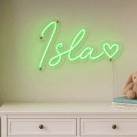 Isla Name LED Neon Sign - vivid green cursive script with heart on contour cut acrylic