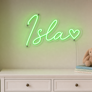 Isla Name LED Neon Sign - vivid green cursive script with heart on contour cut acrylic