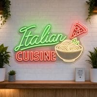 Italian Cuisine LED neon sign on clear acrylic backing mounted on white brick wall