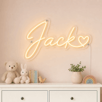 Jack Name LED Neon Sign - warm golden yellow cursive script with heart on contour cut acrylic